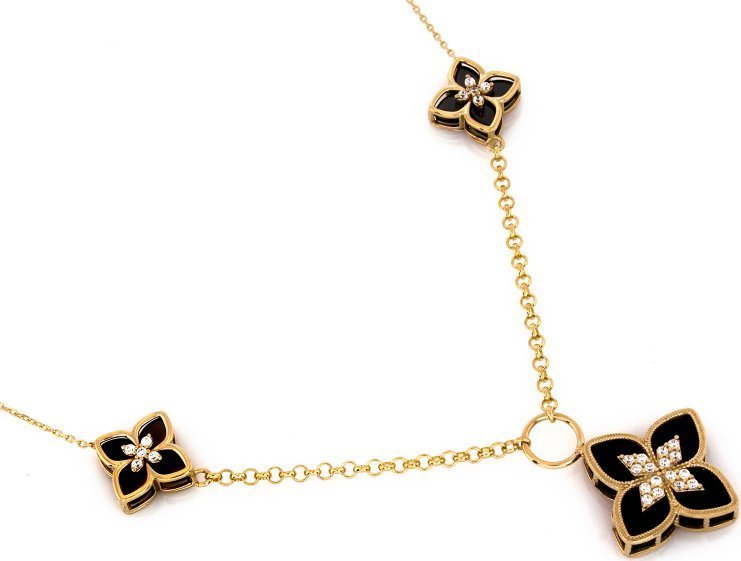 Zdjęcia - Pozostała biżuteria Lovrin Złoty naszyjnik 585 kwiatuszki z onyksem i cyrkoniami 5,10g