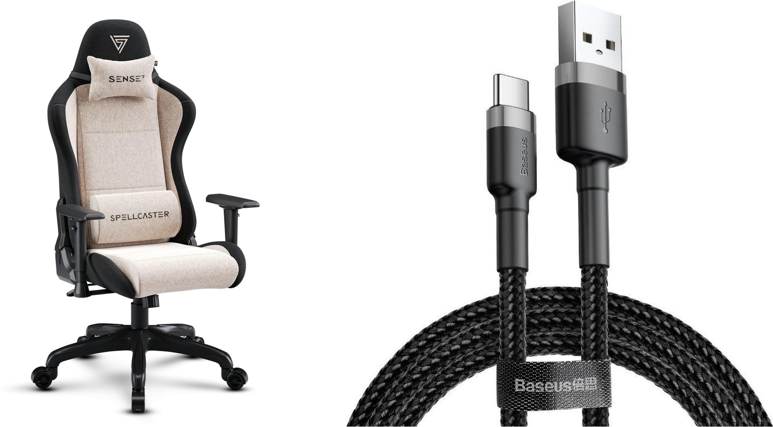 Fotel SENSE7 Spellcaster FUKU materiałowy czarno-beżowy + kabel usb