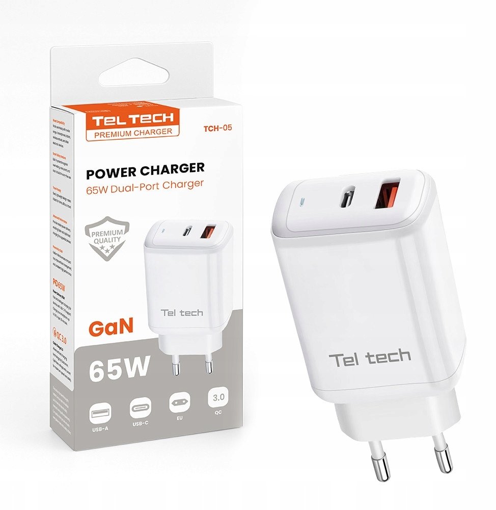 Ładowarka Teltech Teltech ładowarka sieciowa GaN USB / Typ-C 65W białyTCH-05