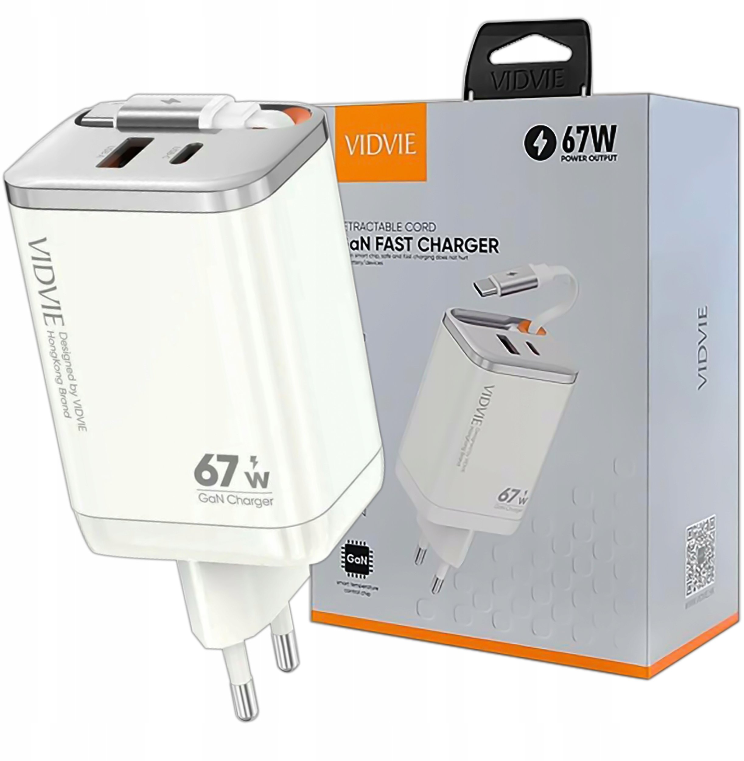 Ładowarka sieciowa VIDVIE PLE224 1xUSB+1xType C + wbudowany kabel Type C 67W GaN biały