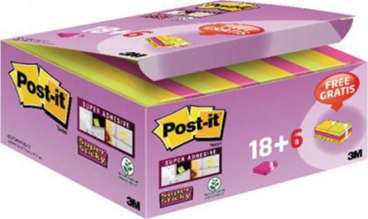 Post-it Karteczki samoprzylepne POST-IT Super Sticky (622-P24SSCOL), 47,6x47,6mm, 18+6x90 kart., mix kolorów