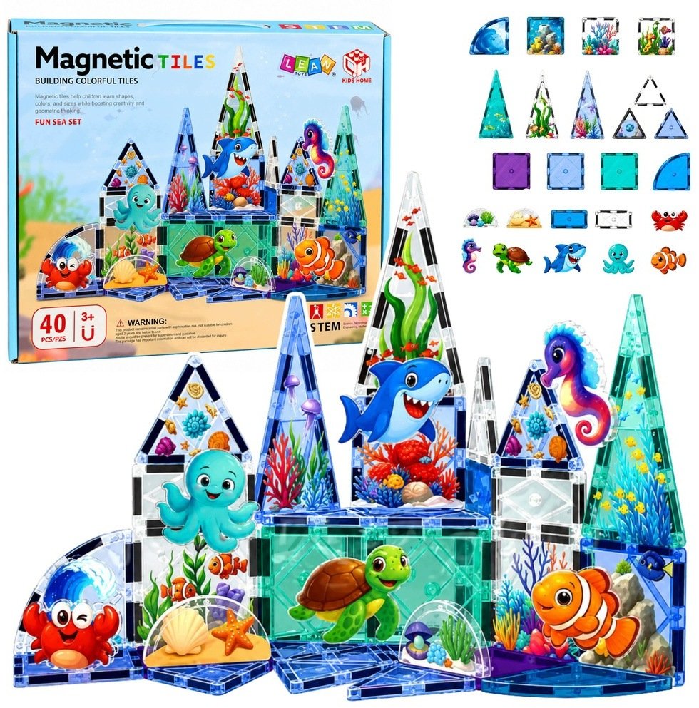 LeanToys Klocki magnetyczne konstrukcyjne zwierzęta morskie ocean 40 el.