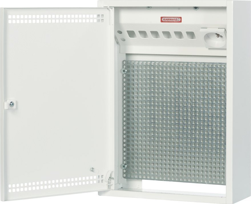 Karwasz Rozdzielnica natynkowa MRN-1. Patch panel, gniazdo 250v 2P+Z, płyta montażowa perforowana 255X350X100
