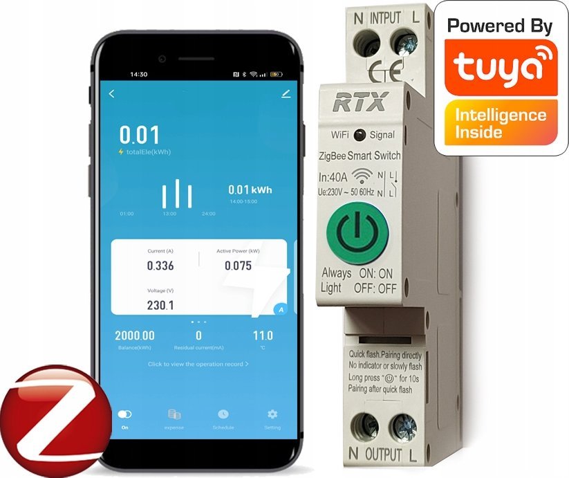 RTX Przekaźnik licznik prądu TUYA 50A DIN ZigBee