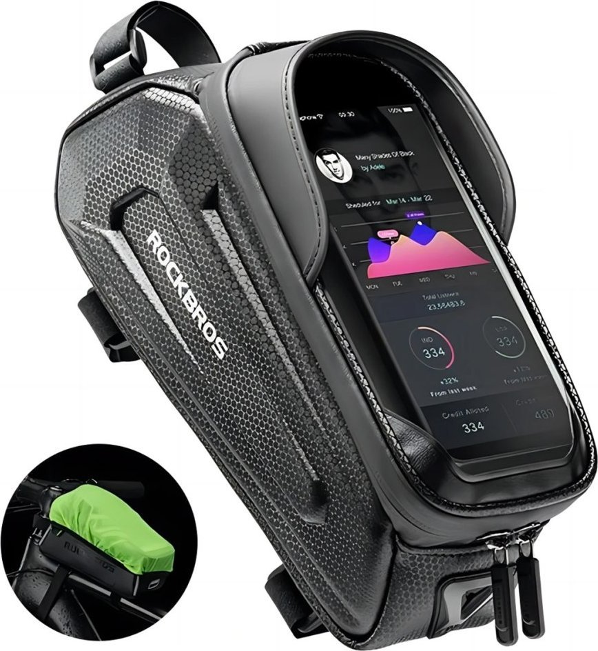 RockBros Sakwa rowerowa na ramę pancerna z kieszonką na telefon nawigację 1.7l + pokrowiec - czarna ...