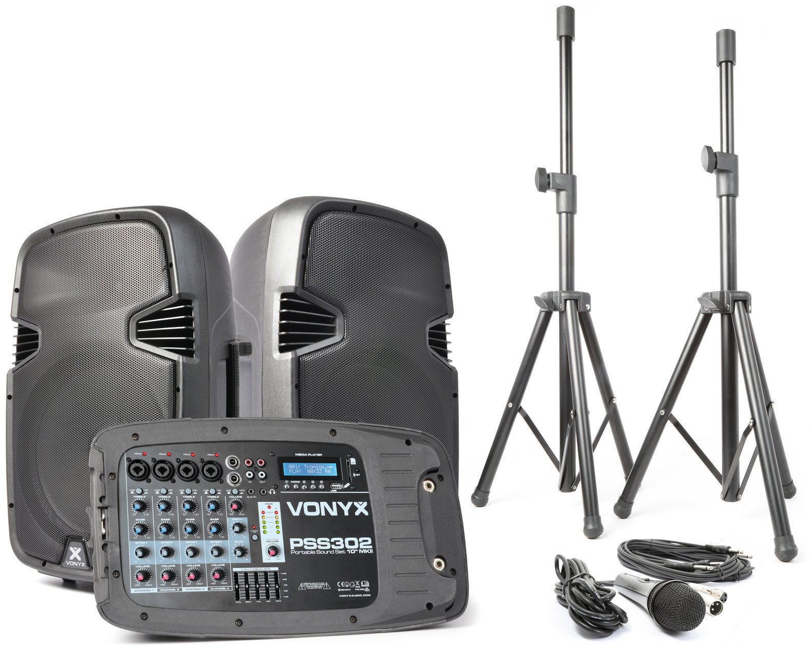 Kolumna Vonyx Zestaw nagłośnieniowy 300W 2x kolumna 10'' mikser mikrofon statywy Vonyx one size