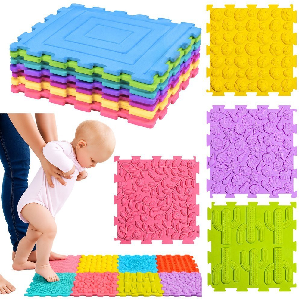 LeanToys Sensoryczne Puzzle Silikonowe Mata Ścieżka Sensoryczna Kolorowe 25 cm 12el. EDUKAMP