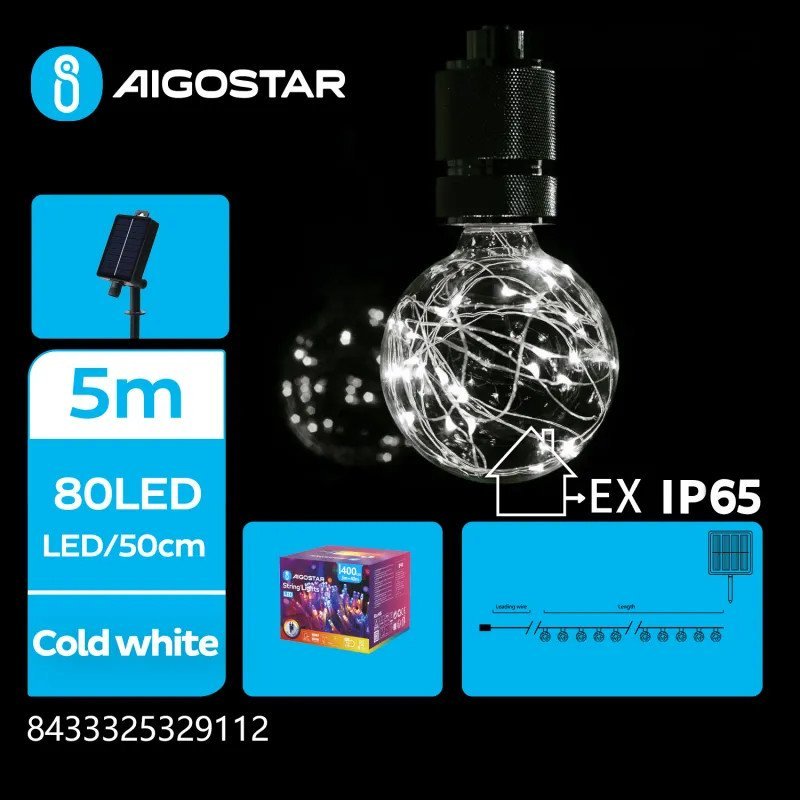 Aigostar Solarna girlanda 10 kul Zimna biel 5m Solarna girlanda 10 kul Zimna biel 5m