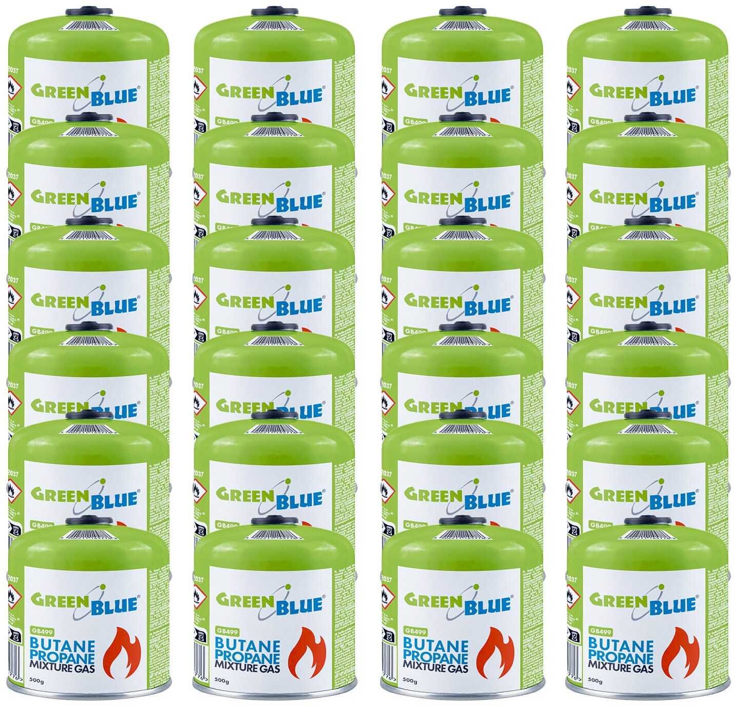 GreenBlue 24x kartusz gazowy 500g GreenBlue. certyfikat: Pi 0437, zgodny z EN417, butan-propan, zakres -10c do+ 40c, zawór gwintowany 7/