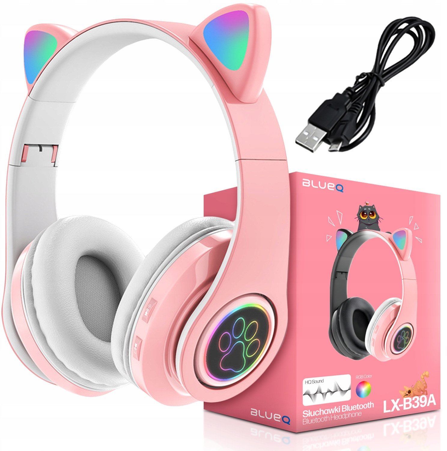 Słuchawki Bezprzewodowe Nauszne Dla Dzieci Kocie Uszy Kotek Bluetooth