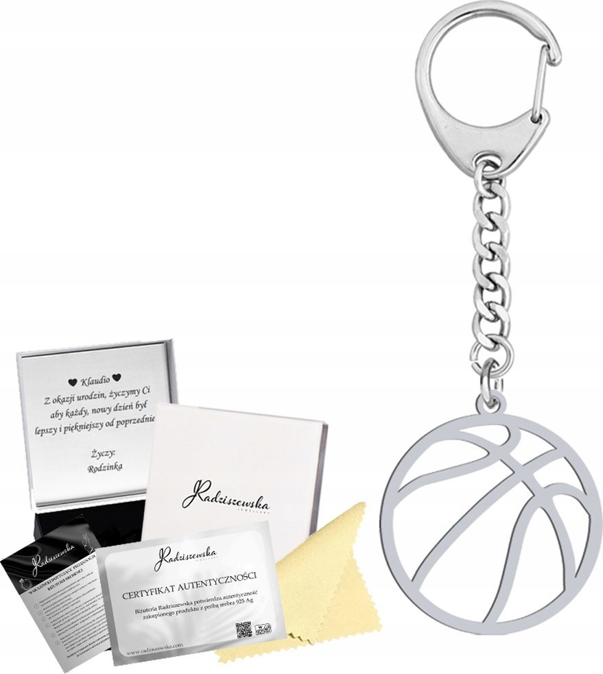 Radziszewska Jewellery Brelok do Kluczy Piłka do Koszykówki Srebro 925 Prezent DEDYKACJA GRATIS