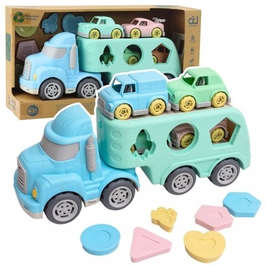LeanToys Ciężarówka Laweta Sorter Edukacyjny Z Autkami Klocki Pastelowa Plastik