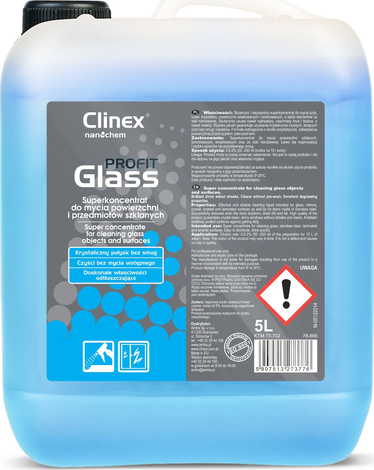Clinex Skuteczny koncentrat do mycia szyb luster szkła stali nierdzewnej CLINEX PROFIT Glass 5L Skuteczny koncentrat do mycia szyb luster szkła stali