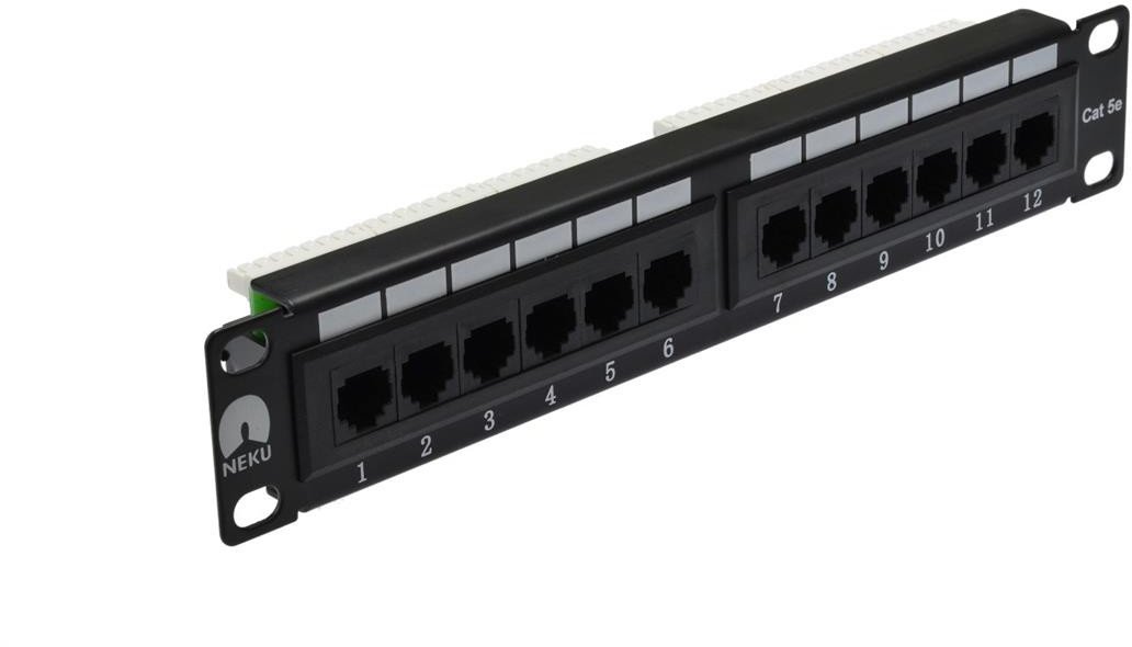 Patch panel RACK 10 cali 1U kat.5e 12p UTP czarny NEKU