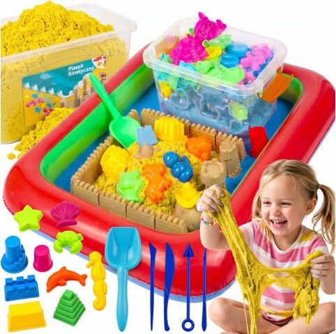 Retoo Piasek kinetyczny żółty magiczny 3KG foremki basen łopatka W kuferku - D007 żółty piasek (5904...