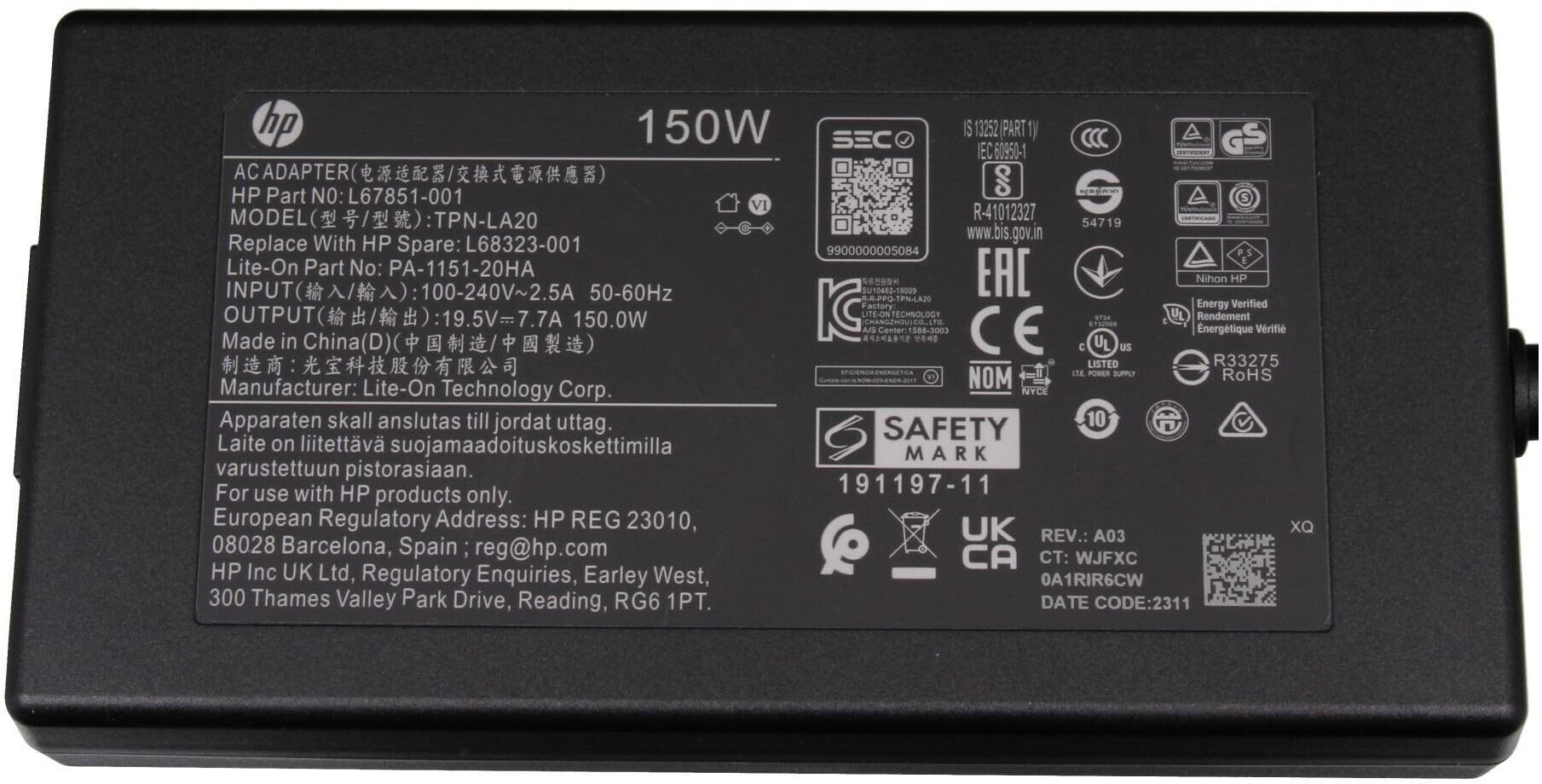 150W Slim AC Adapter for HP