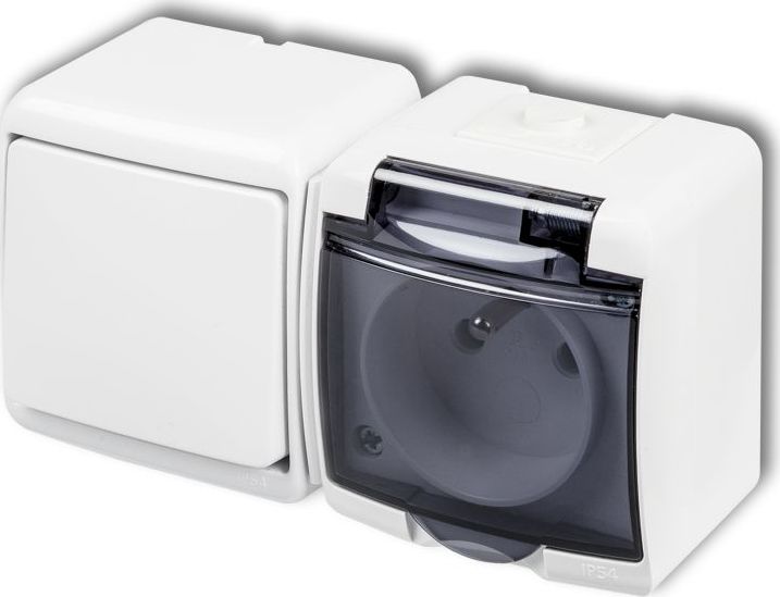 Karlik JUNIOR Łącznik jednobiegunowy + gniazdo hermetyczne (klapka dymna) biały WGHH-1d