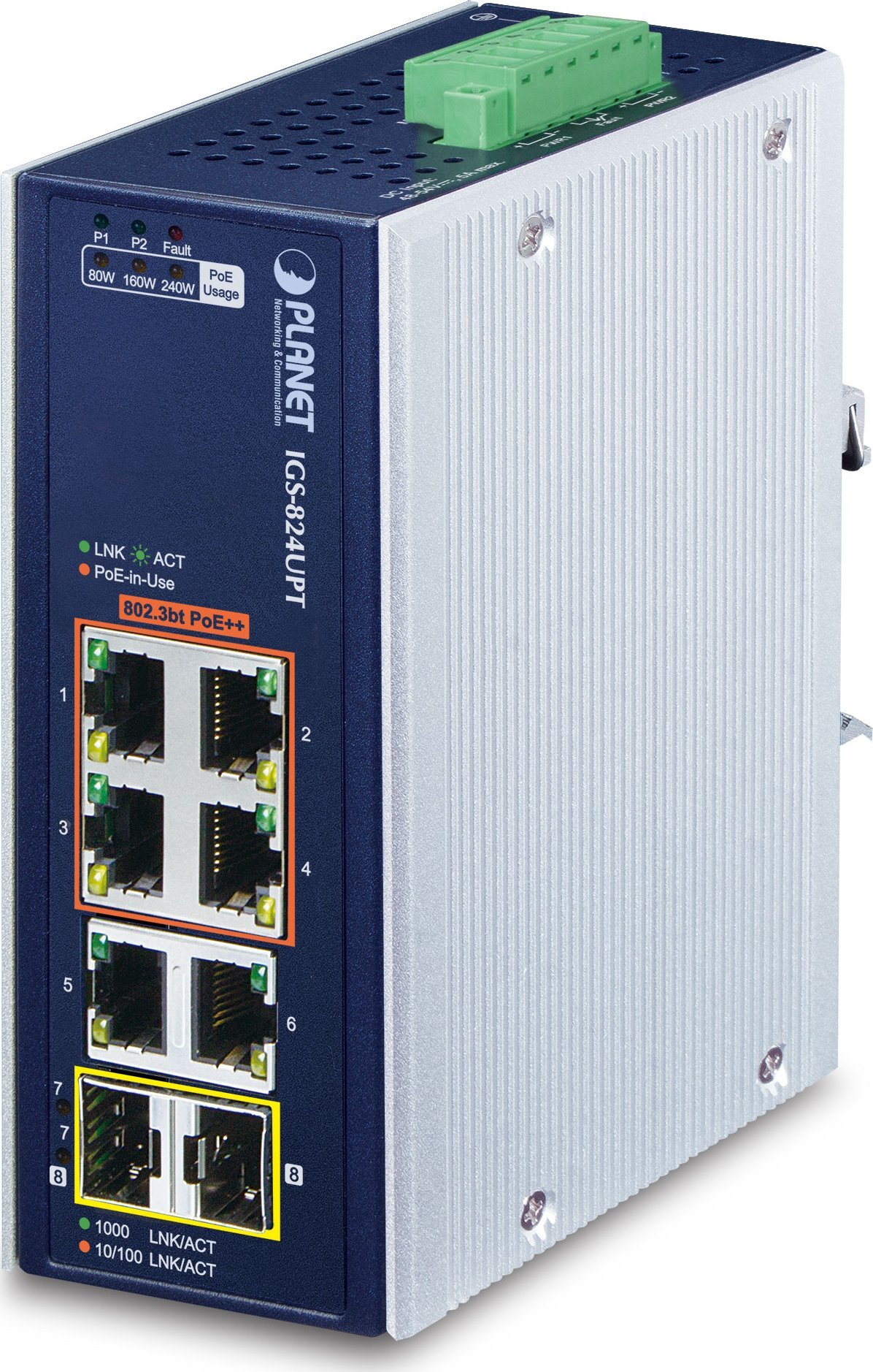 Фото - Медіаконвертер PLANET Switch   Industrial 4-Port GE 802.3at + 2 GE + 2 100/1000X SFP 