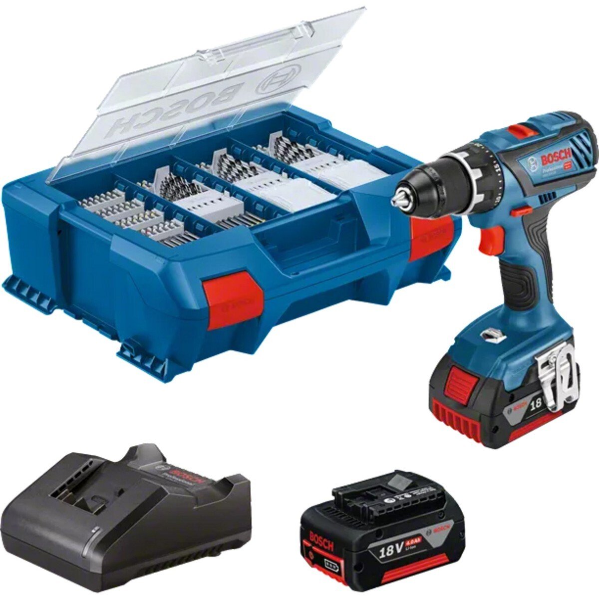 Wiertarko-wkrętarka Bosch Bosch Professional Cordless Drill GSR 18V-28 Professional, 18 Volt blue/black, 2x Li-ion batteries 3.0Ah, 82-piece accessory