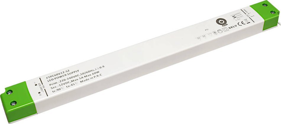 FTPC60V12-S2: zasilacz LED 12V/5A CV, slim plastic case, SSLVF series