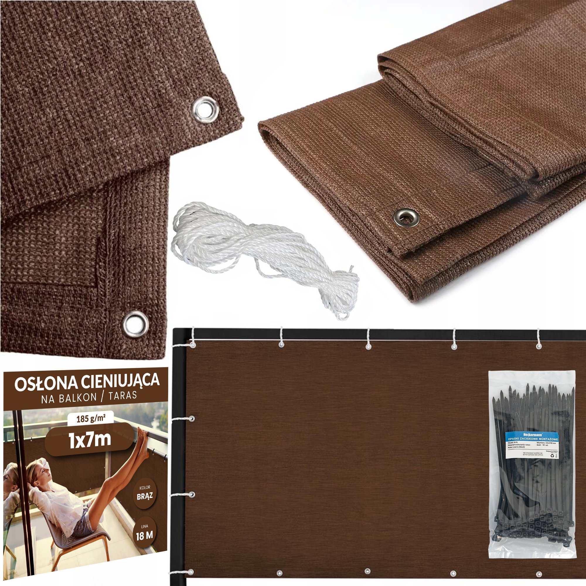 Heckermann Zestaw Osłona balkonowa 1x7m - Brązowa +Opaski zaciskowe 50szt - Czarne