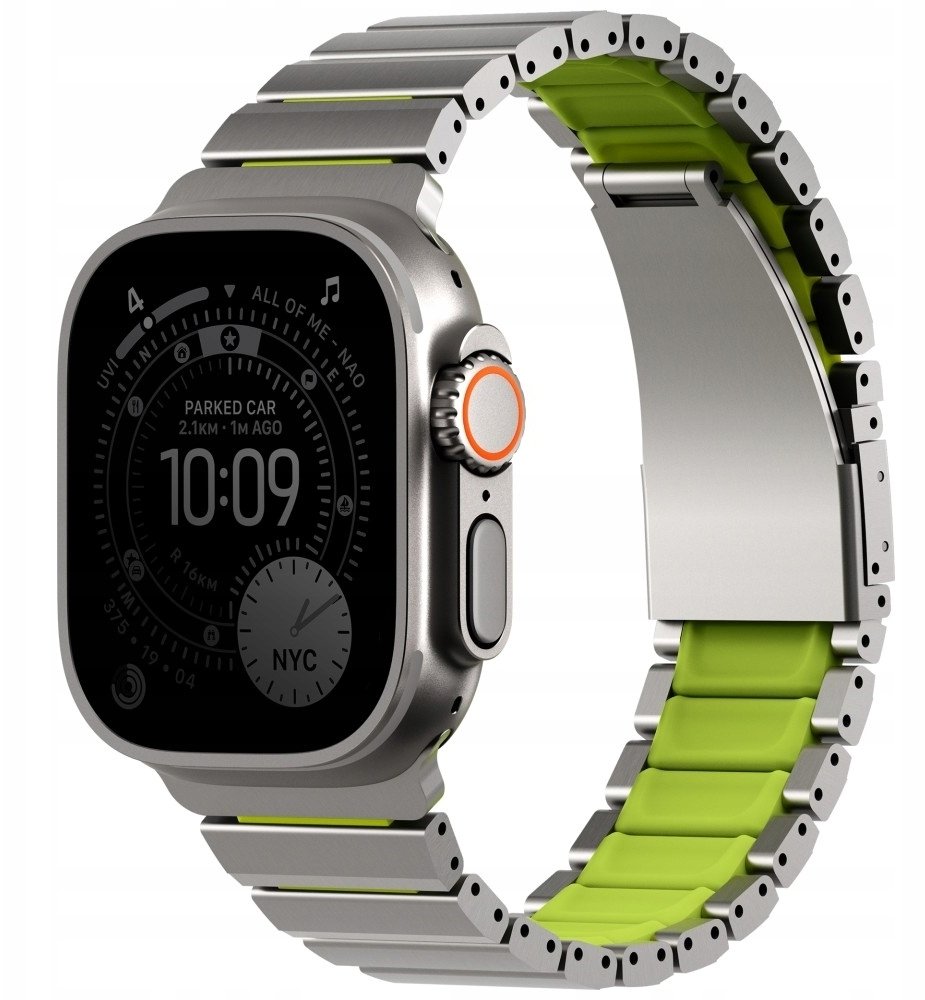 Uniq Pasek UNIQ Strova Flex do Apple Watch 44/45/46/49mm Series 1/2/3/4/5/6/7/8/9/10/11/SE/SE2/SE3/Ultra/Ultra 2/Ultra 3 srebrno-limonkowy
