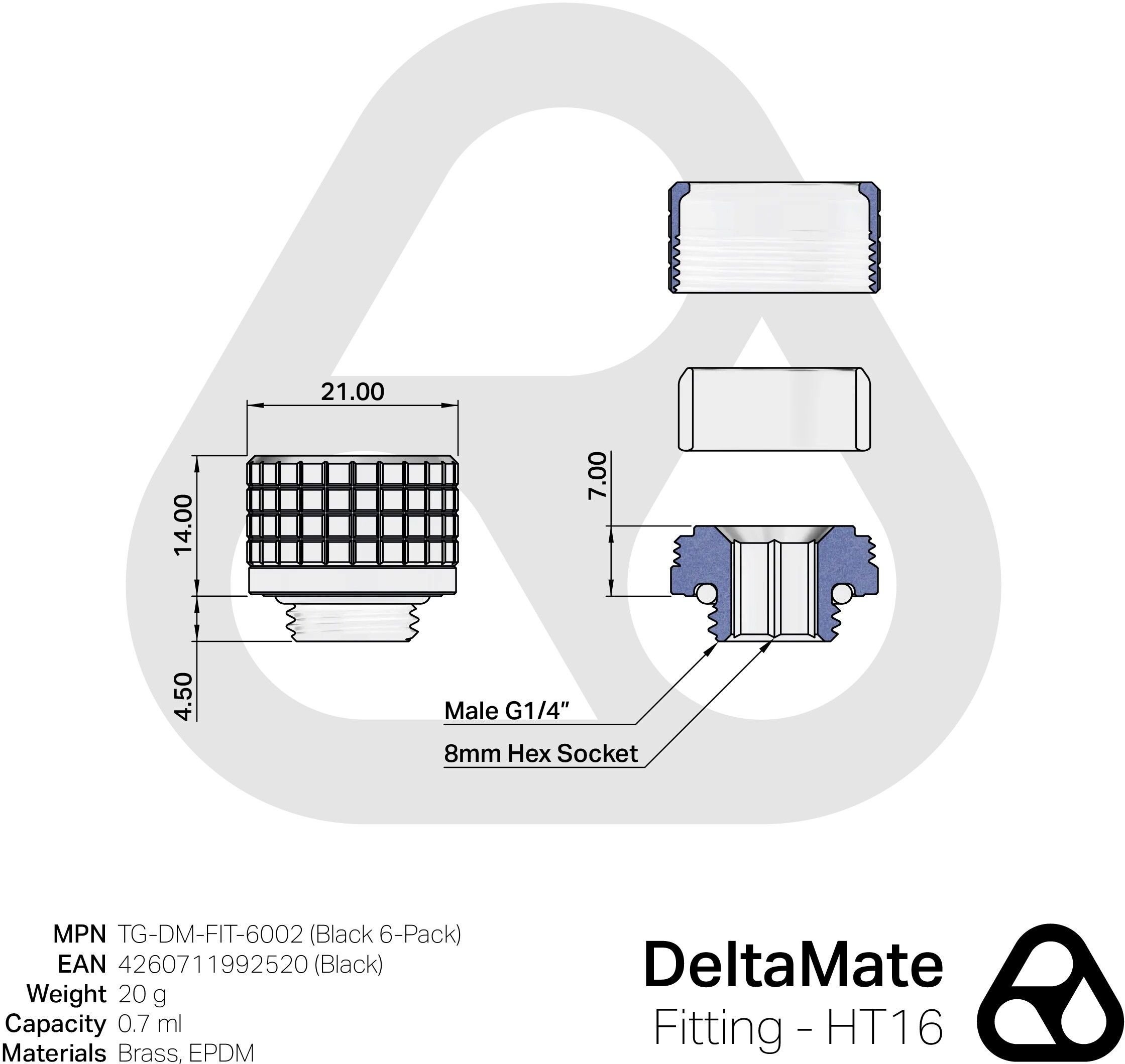 Thermal Grizzly DeltaMate Fitting - HT16 Black (6-Pack)