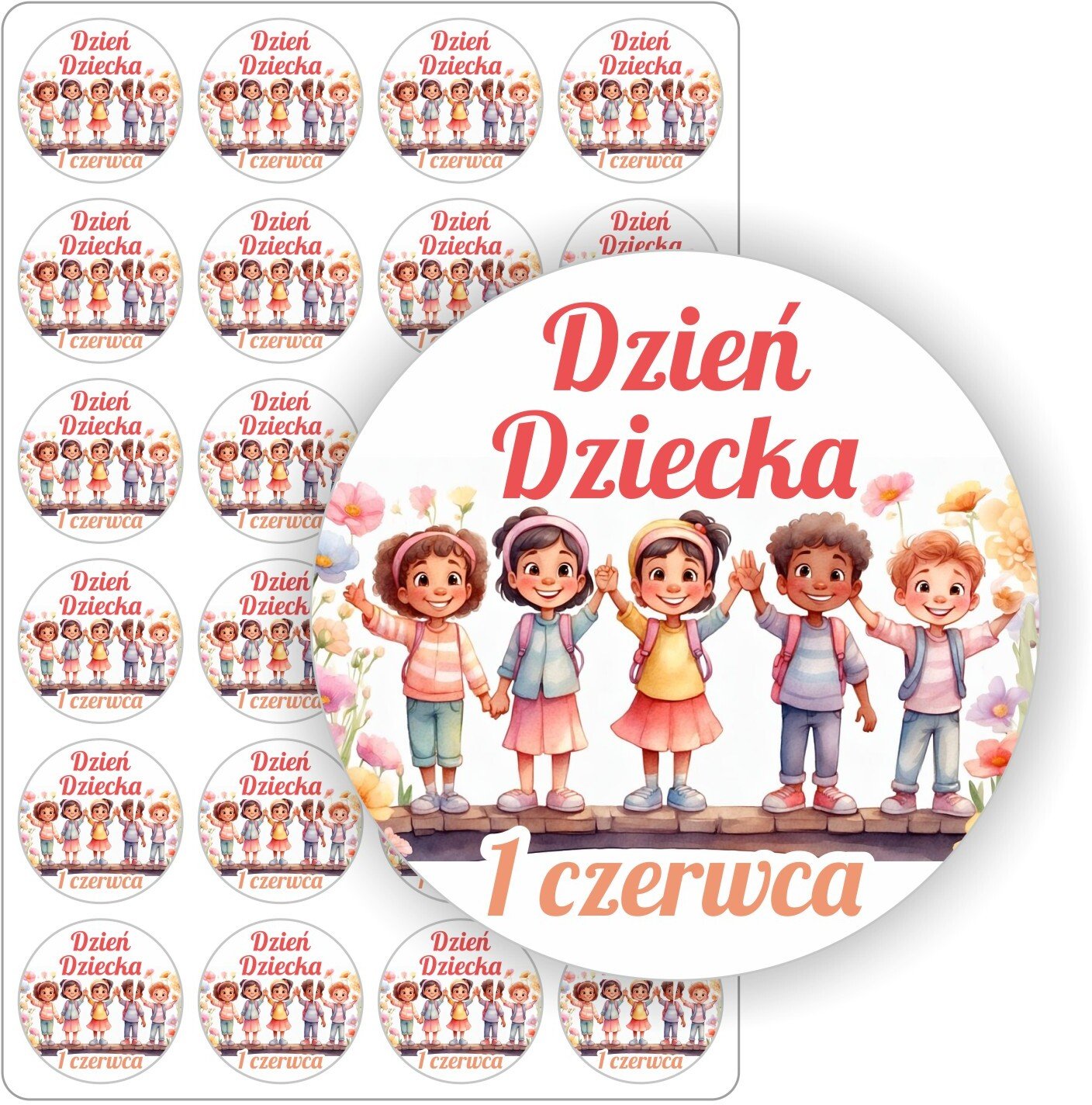 Stabilus Naklejki etykiety nalepki okrągłe arkusz etykiet 1 czerwca DZIEŃ DZIECKA szkoły upominek 24szt. 5cm (E-DZD_01_C5)