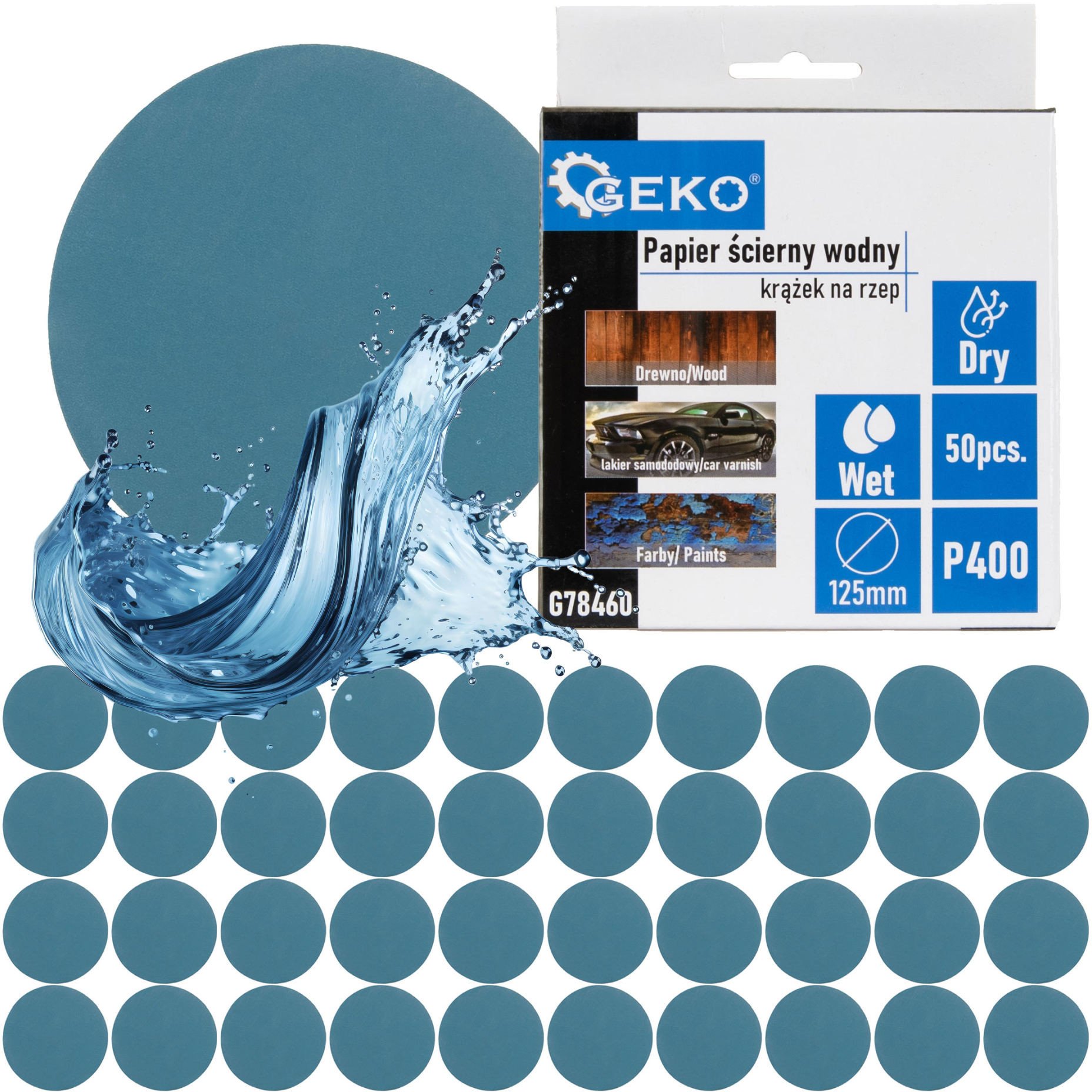 Geko Papier ścierny wodny – krążek na rzep 125mm P400 (50/1000)
