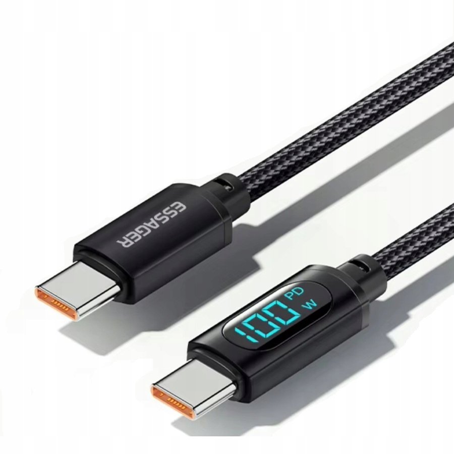 Kabel ESSAGER USB typ C - USB typ C 2m, czarny, z wyświetlaczem