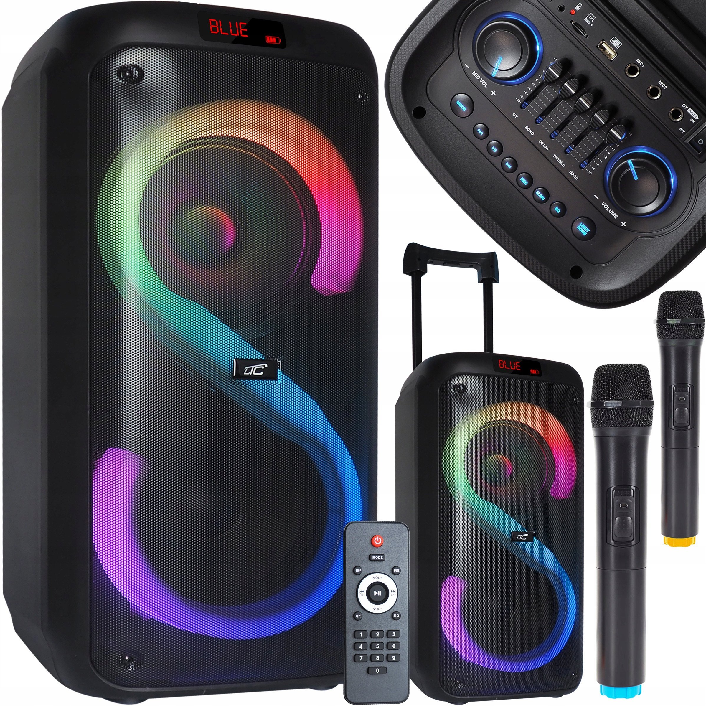 Głośnik LTC Głośnik bluetooth RGB 2x8`` 400W, 2 mikrofony i pilot USB/SD/AUX/FM 7200mAh