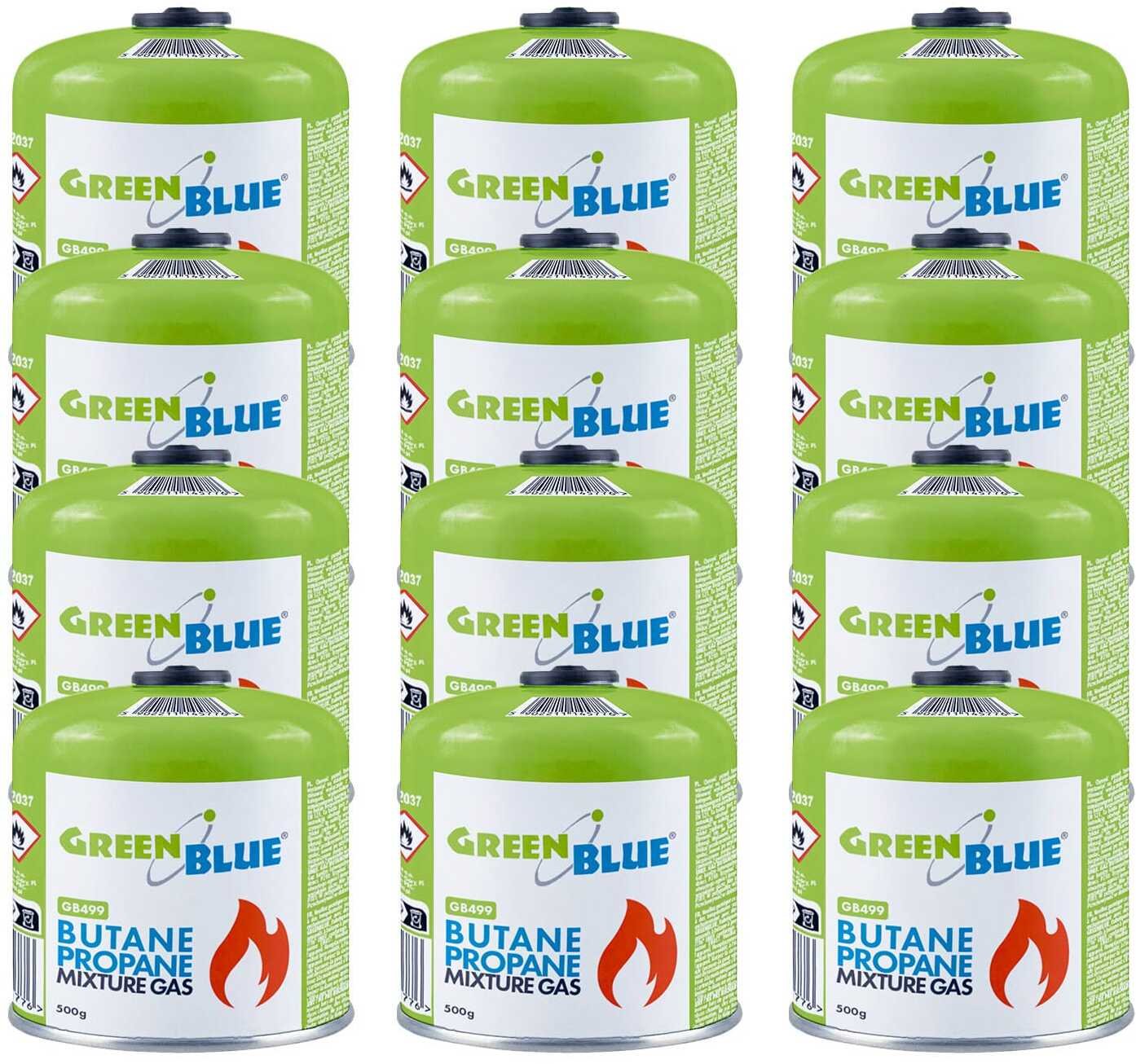 GreenBlue 12x kartusz gazowy 500g GreenBlue. certyfikat: Pi 0437, zgodny z EN417, butan-propan, zakres -10c do+ 40c, zawór gwintowany 7/