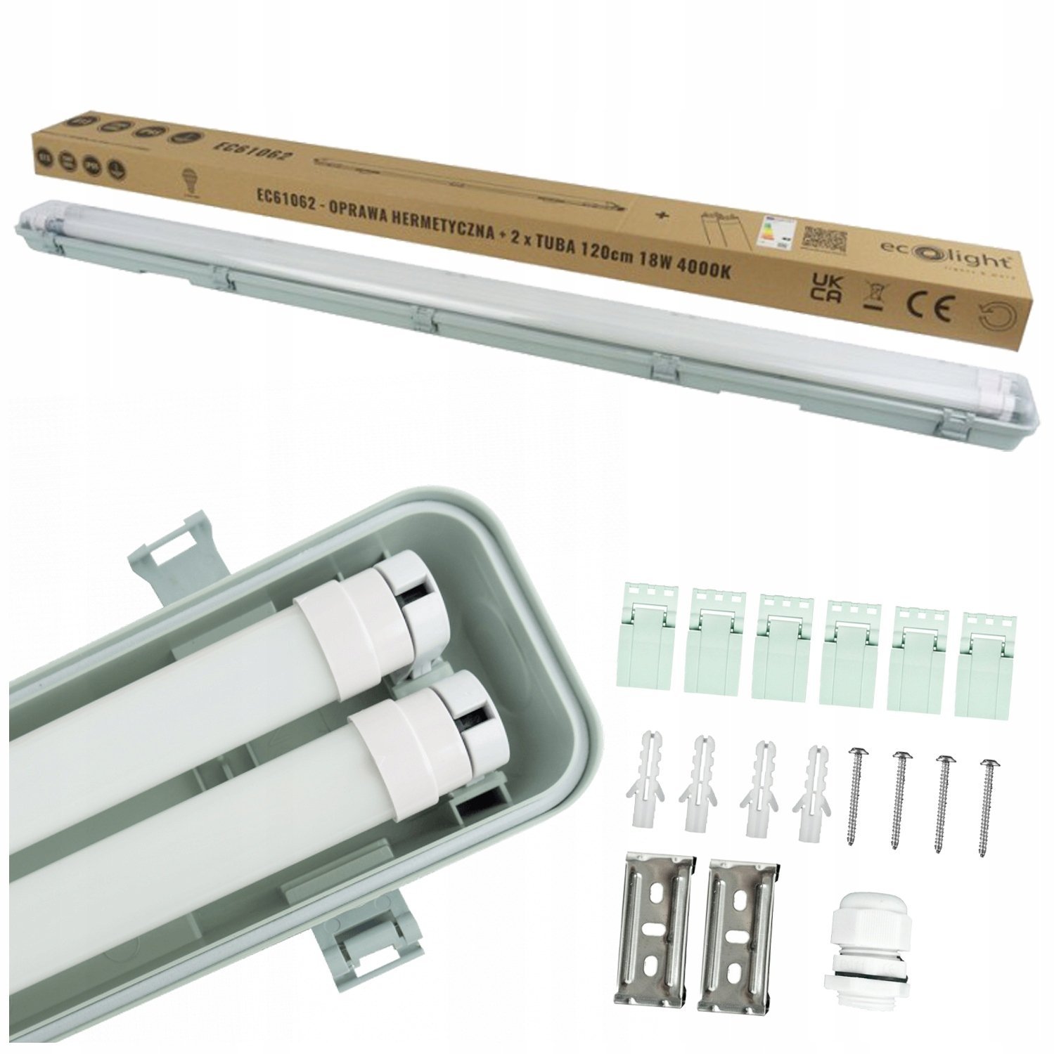 Ecolight ZESTAW oprawa hermetyczna IP65 + 2x tuba LED 120cm 18W 1800lm 4000K EC61062
