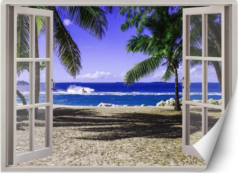 Zdjęcia - Tapeta Feeby Fototapeta, Okno z widokiem na tropikalną plażę - 280x200