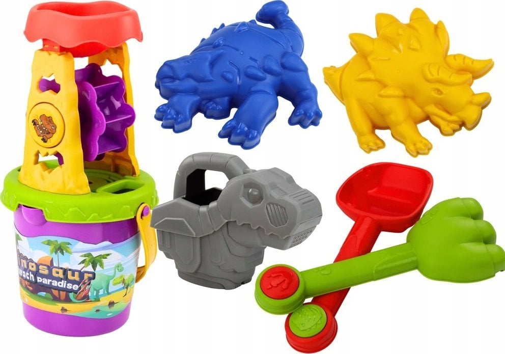 LeanToys Zestaw Do Piasku Dinozaur Młynek Lejek Łopatka Grabki Konewka Foremki