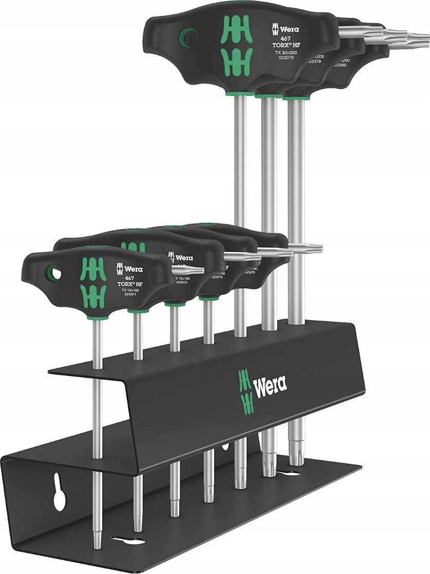 Фото - Викрутка Wera 467/7 TORX HF set 2 T-handle screwdrivers + rack, 7 pieces  (black/green, with holding function)