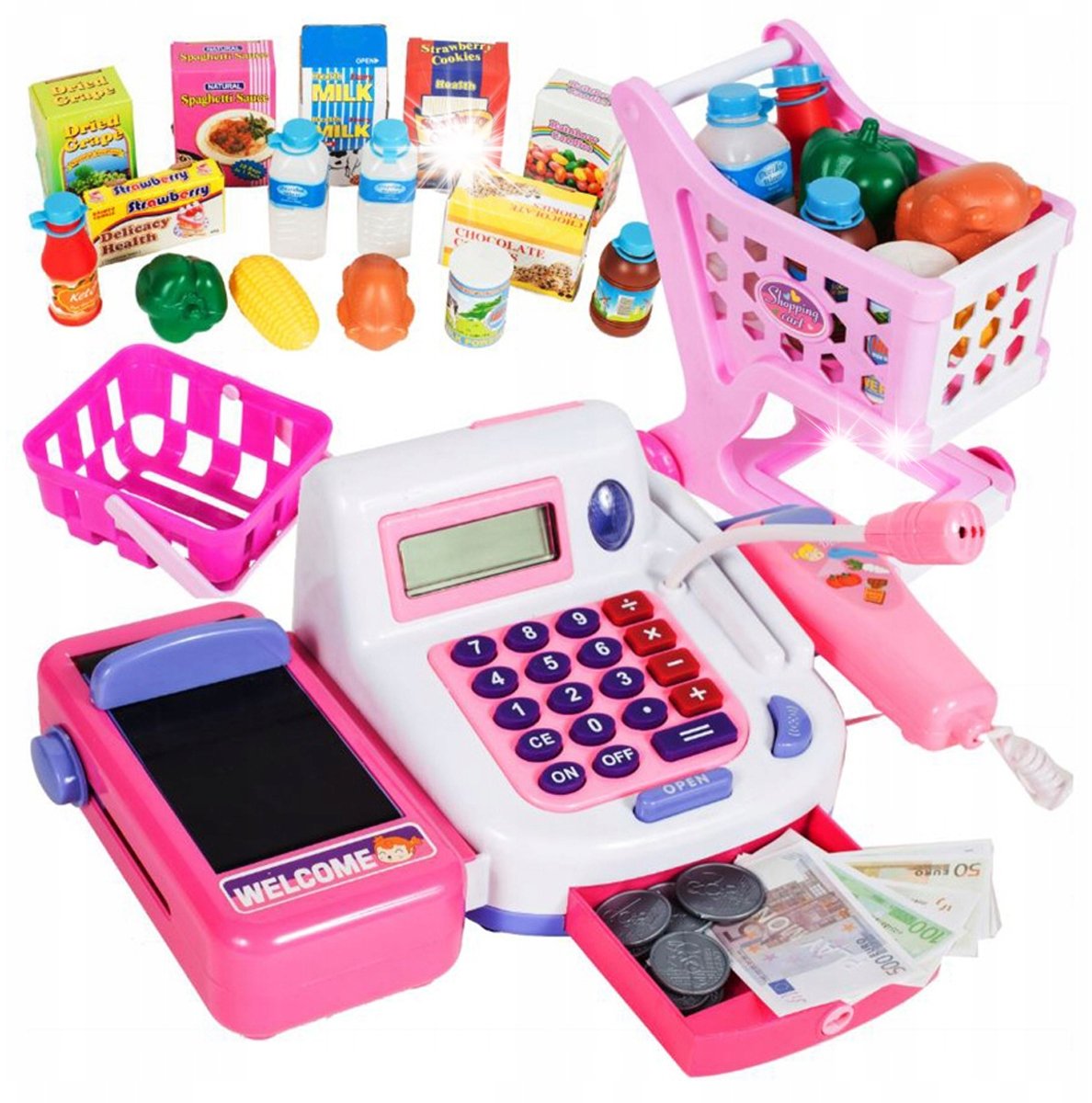 Polesie Duża Kasa Fiskalna Sklepowa Skaner Taśma Mikrofon Koszyk Wózek Kalkulator A