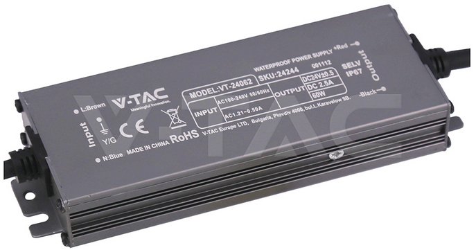 VTAC Zasilacz do LED hermetyczny SLIM V-TAC 60W 24V 2.5A IP67 filtr EMI VT-24062