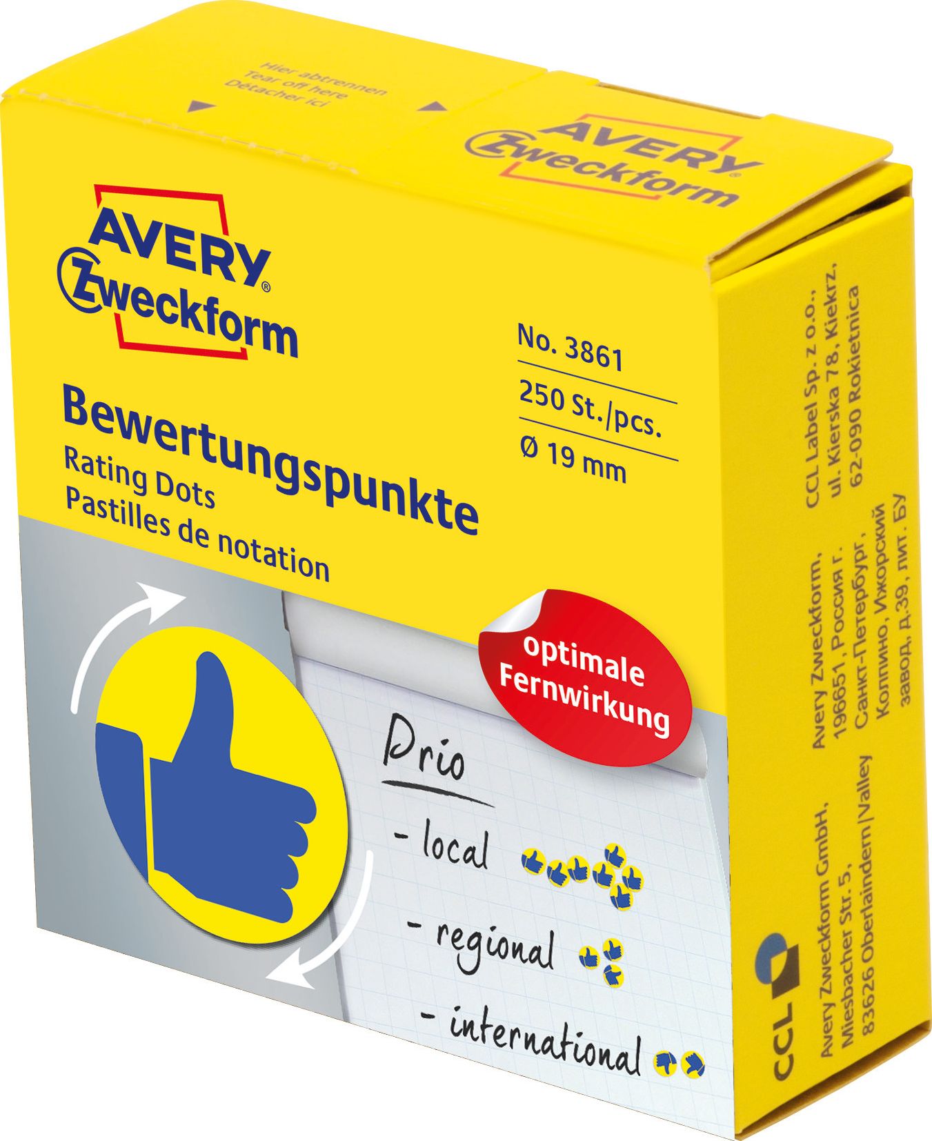 Avery Zweckform Kółka z symbolami do zaznaczania, 'Kciuk', 250 szt./rolka, O19 mm, , ŻÓŁTO NIEBIESKI...