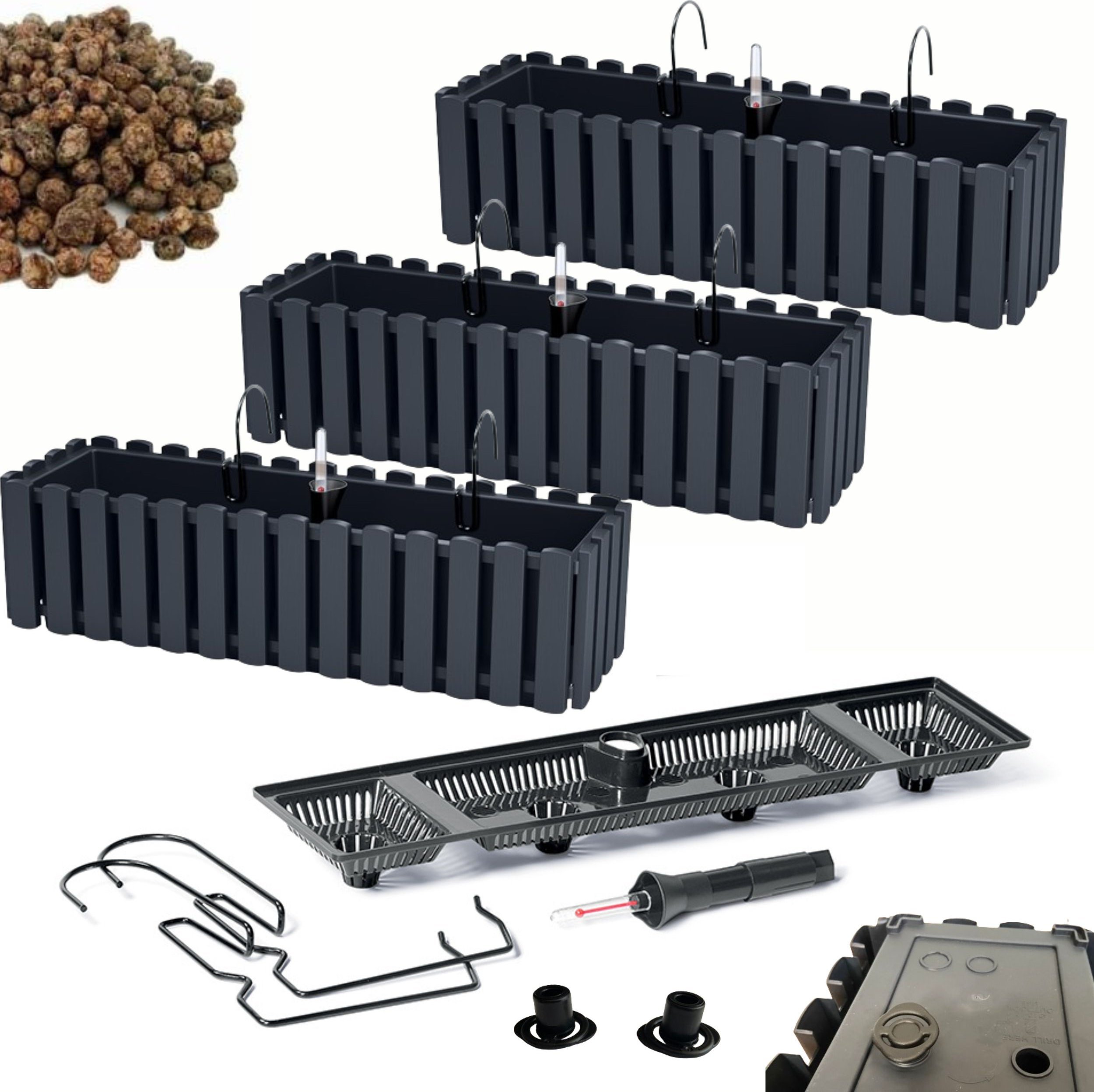 Prosperplast 3x Skrzynka na balustradę DDEF600W Doniczka balkonowa + Keramzyt 3l