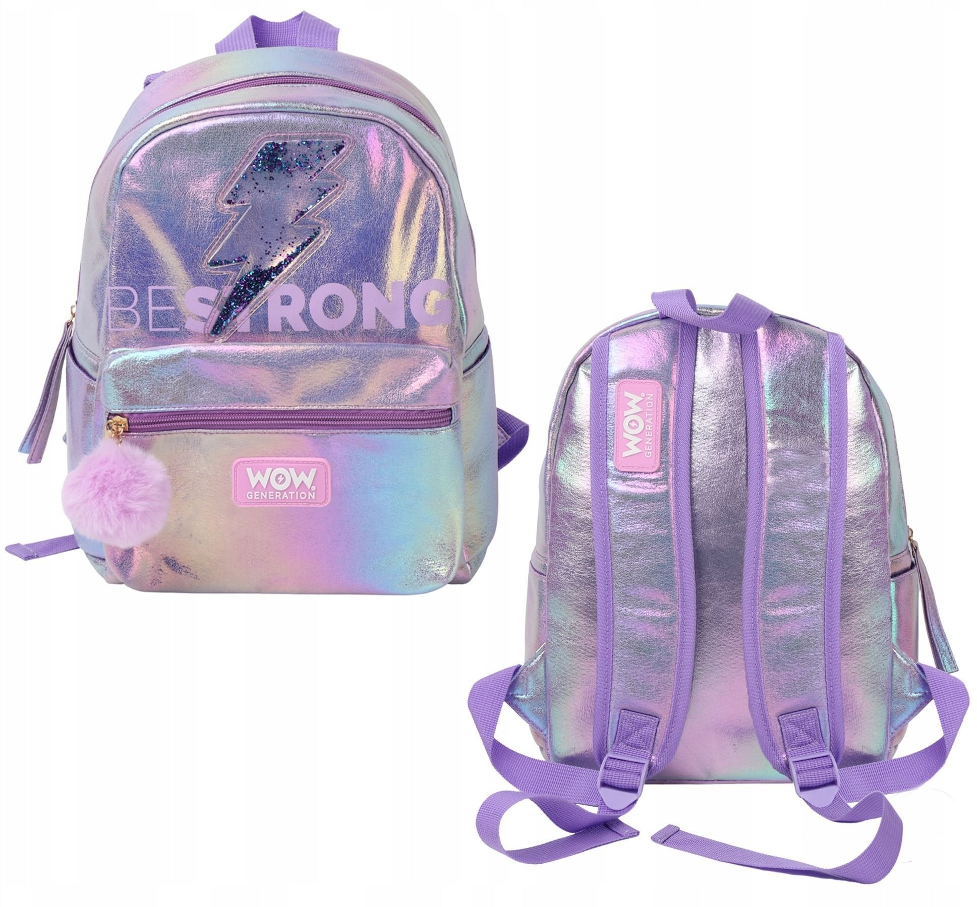 KIDS Plecak szkolny holograficzny Holo Wow dziewczęcy pompon regulowane szelki / Wow00048 (SB12070)