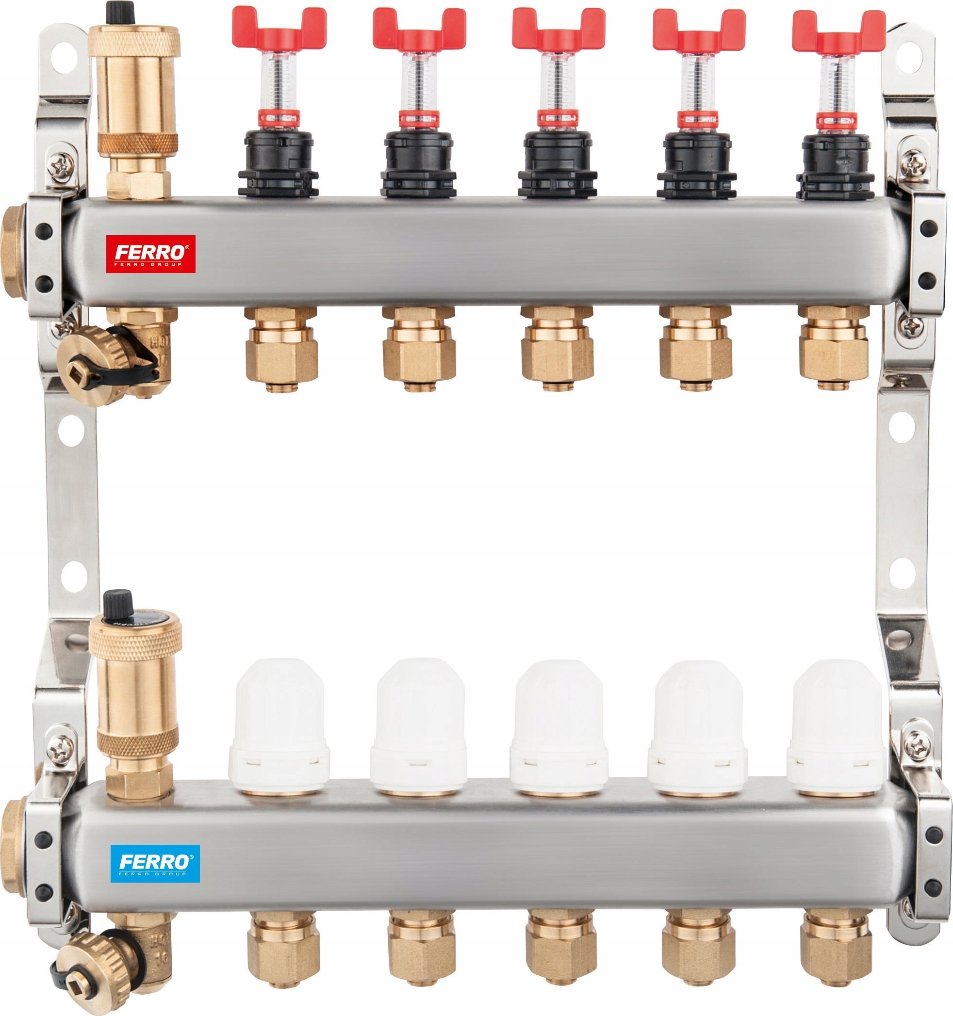 Rozdzielacz ze stali nierdzewnej 1 2-drogowy z zaworami termostatycznymi, przepływomierzami, odpowietrznikami automatycznymi, zaworami spustowymi, nyp