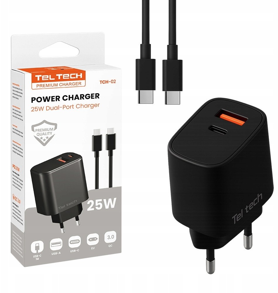 Ładowarka Teltech Teltech Ładowarka sieciowa USB / Typ-C 25W + kabel Typ-C - Typ-C 1m czarny TCH-02