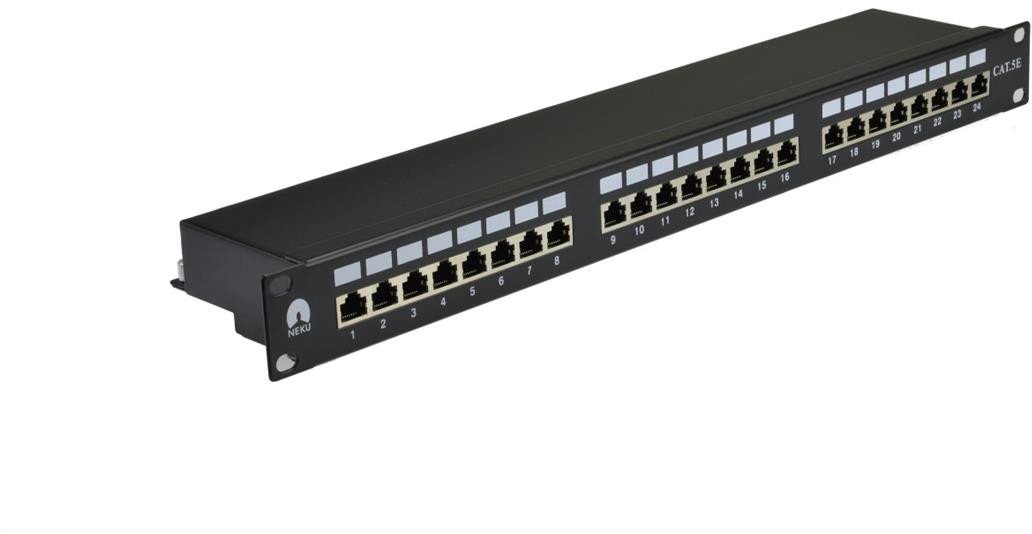 Patch panel RACK 19 cali 1U kat.5e 24p FTP z półką czarny NEKU
