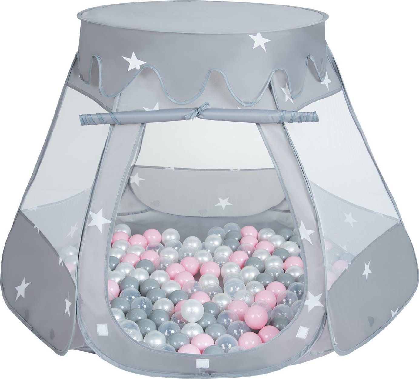 Selonis Namiot zamek NZ-100X z piłeczkami 6cm szary: perła-szary-transparent-pudrowy róż 105x90cm/300piłek Zabawka namiot dla dzieci