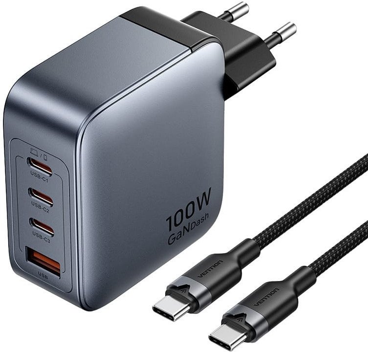 Ładowarka Vention 3x USB-C, 1x USB-A, 100W (szara) z kablem USB-C do USB-C (1m) czarna