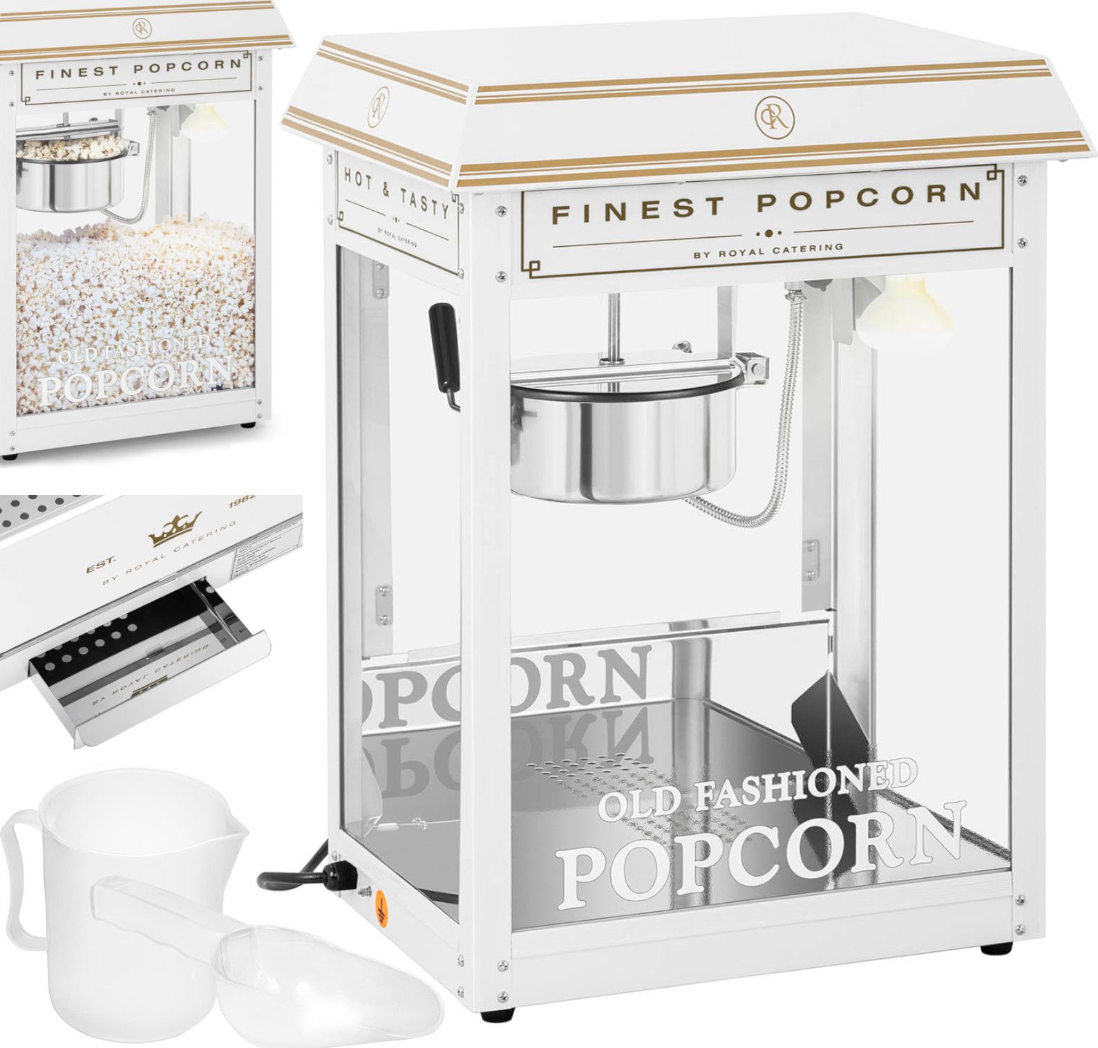 Royal Catering Maszyna automat urządzenie do prażenia popcornu retro TEFLON 1600 W 5-6 kg/h - biało-złota Maszyna automat urządzenie do prażenia popco