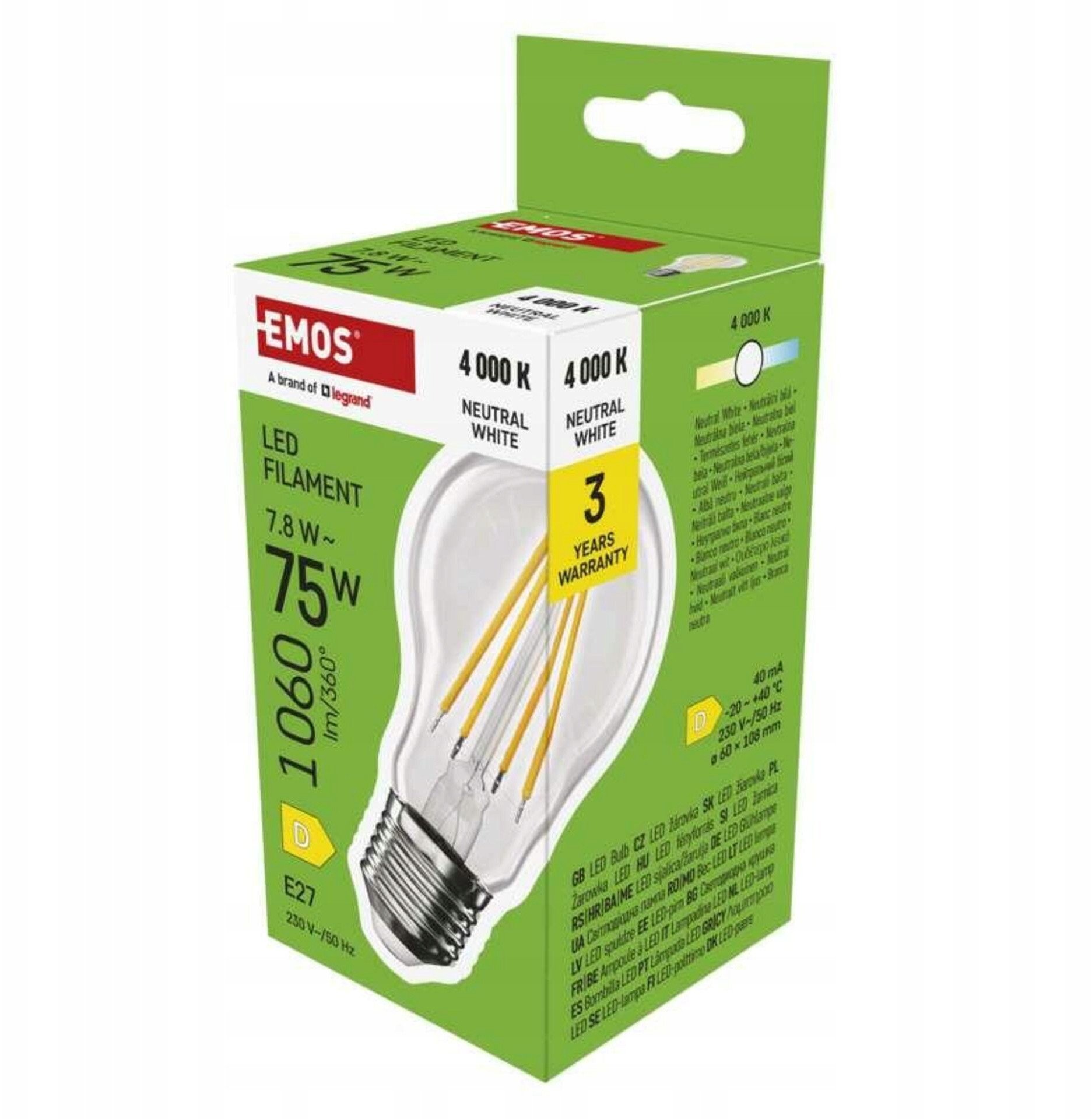 ŻAR. LED 7,8W (75W) E27 A60 FILAMENT NEUTRALNA BIEL 4000K 1060LM ZF5D53 EMOS