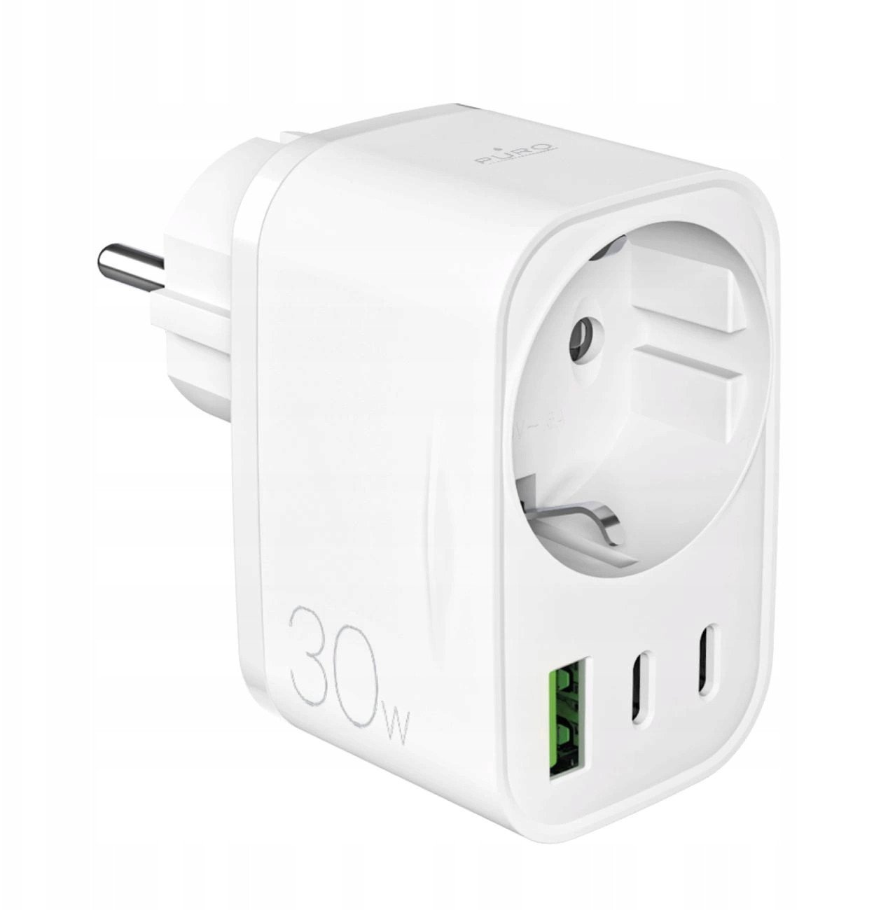 Ładowarka Puro 30W Power Delivery z wtyczką i gniazdem Schuko 2x USB-C + 1x USB-A - biała
