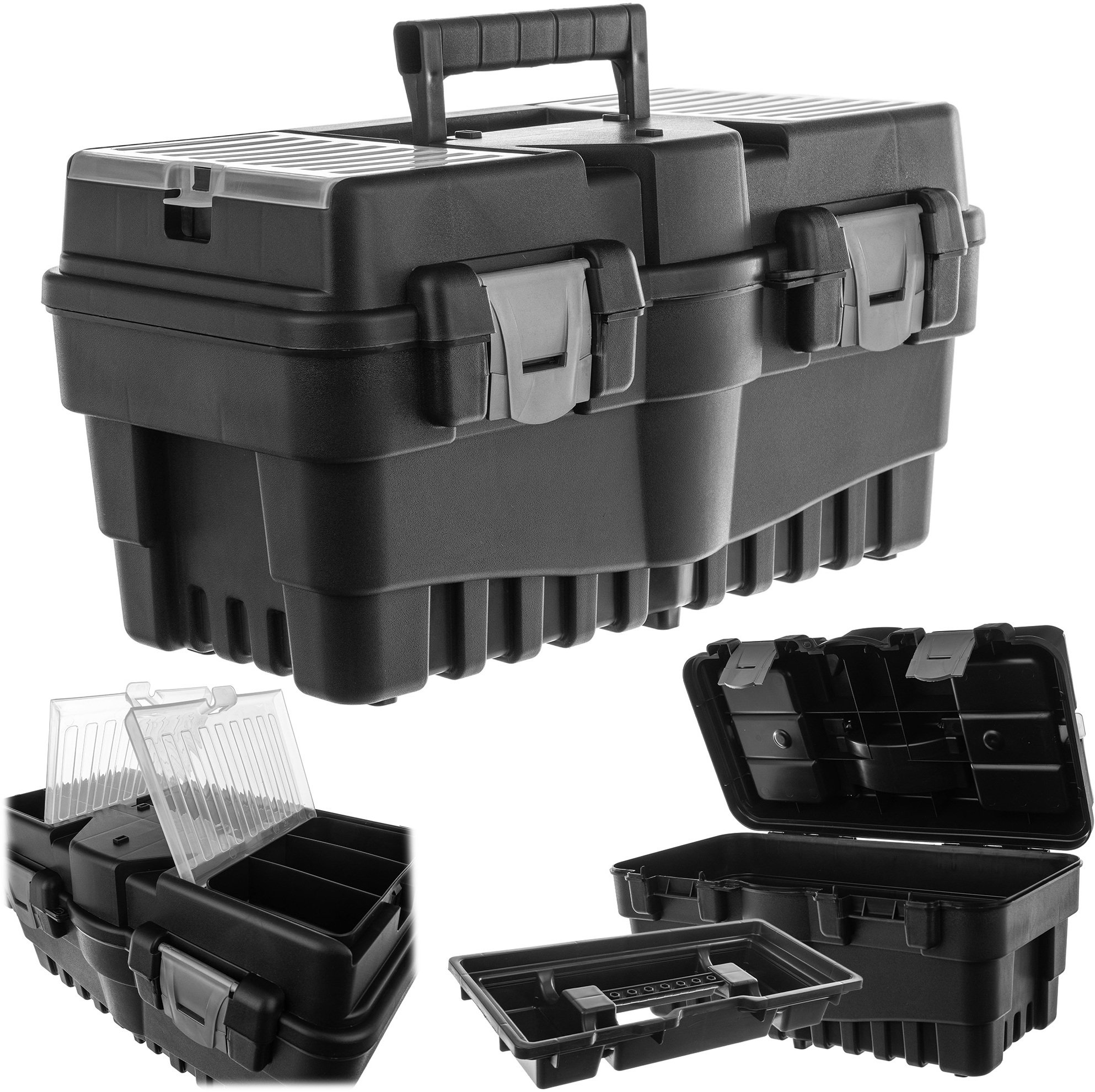 Kadax Skrzynka narzędziowa z 2 organizerami rączka plastikowa czarna